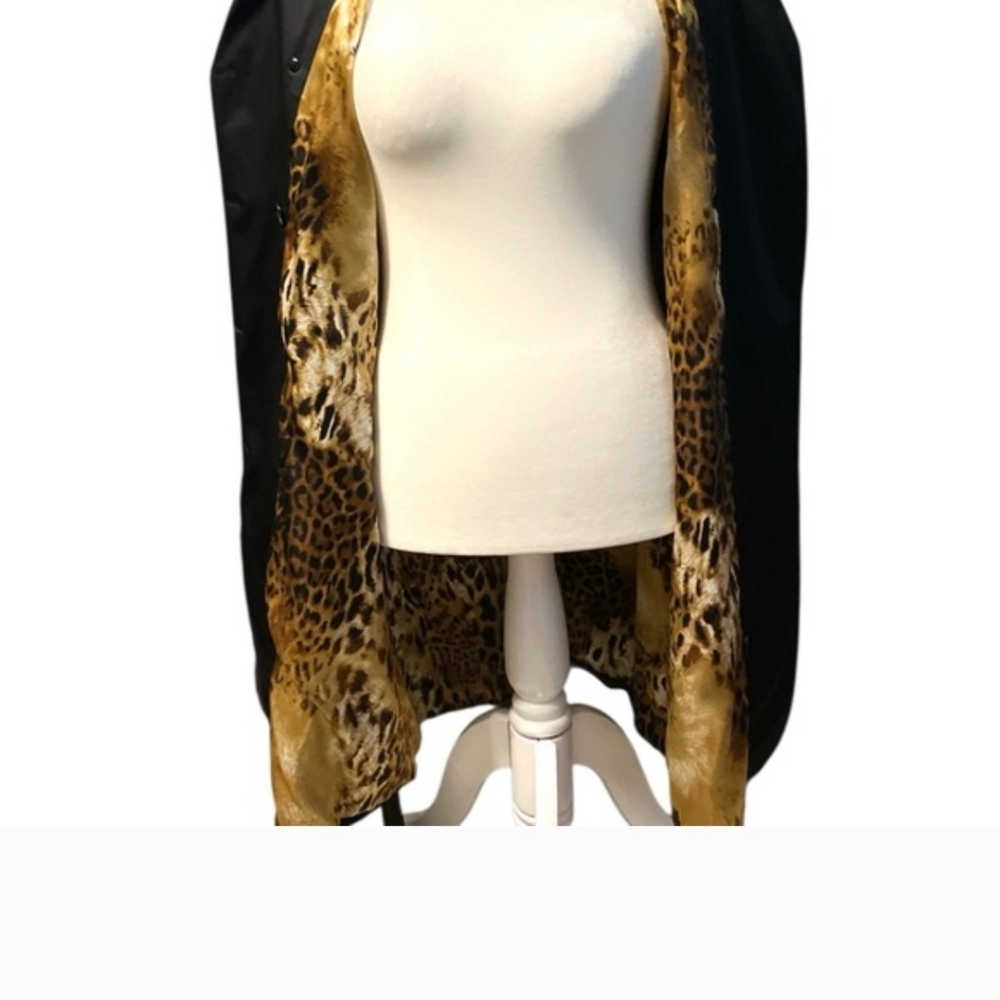 Dana Buchman Black Trench Coat with Animal Print Lining And Tie - Picture 4 of 14
